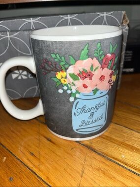 Thankful & Blessed Floral Mason Jar Ceramic Mug - Gray and Blue